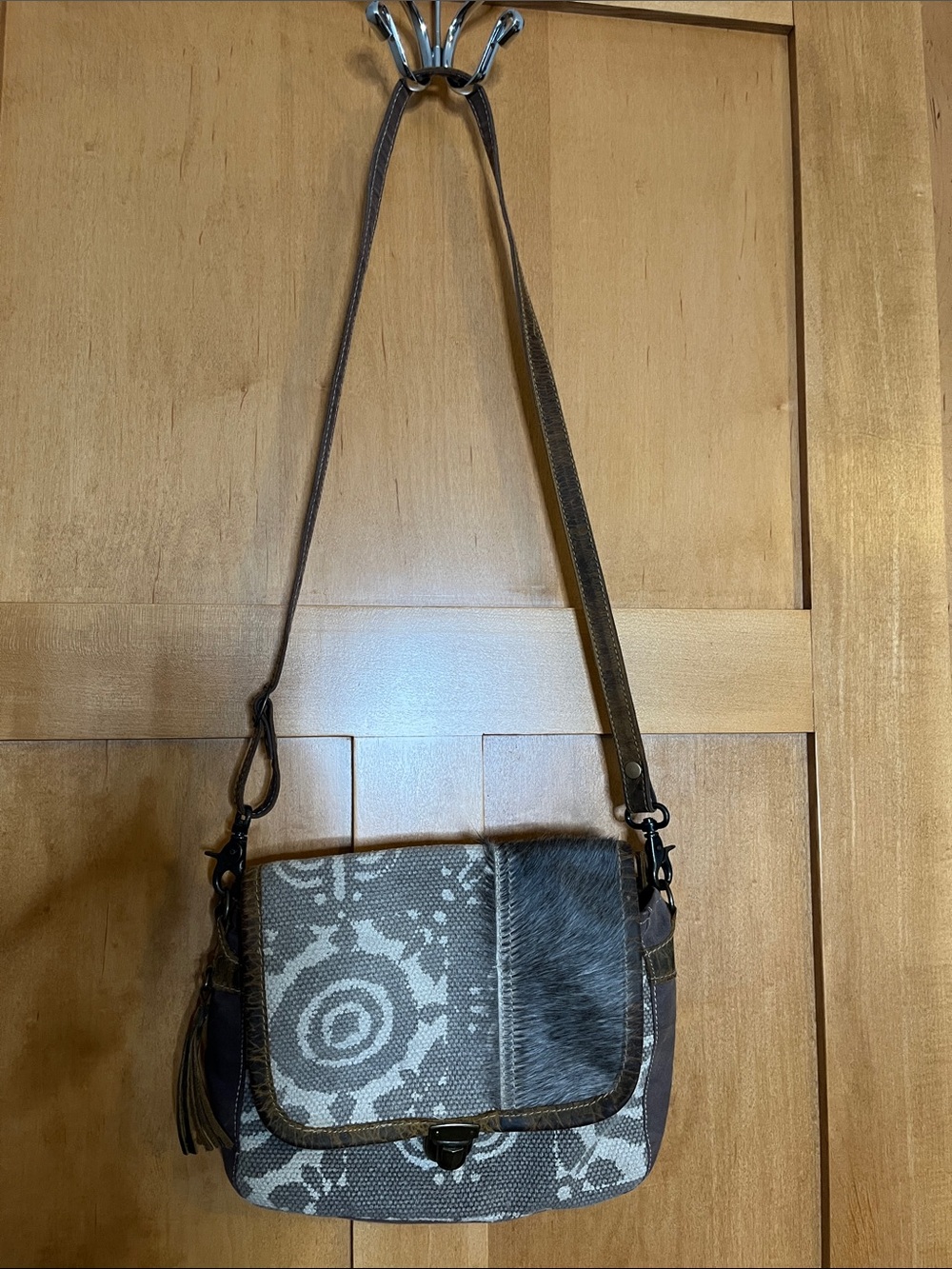Myra Bag Cowhide Hair-on Canvas & Leather Crossbody Purse Western Boho